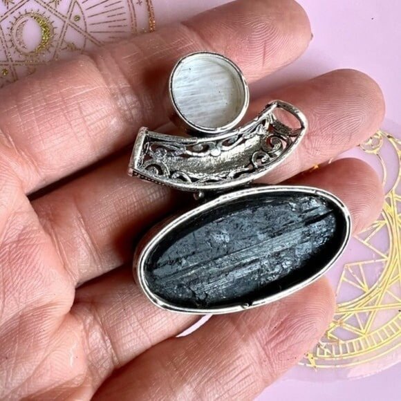 925 Yin Yang YOU CHOOSE! Raw Black Tourmaline + Moonstone Pendant Necklace - Picture 8 of 10